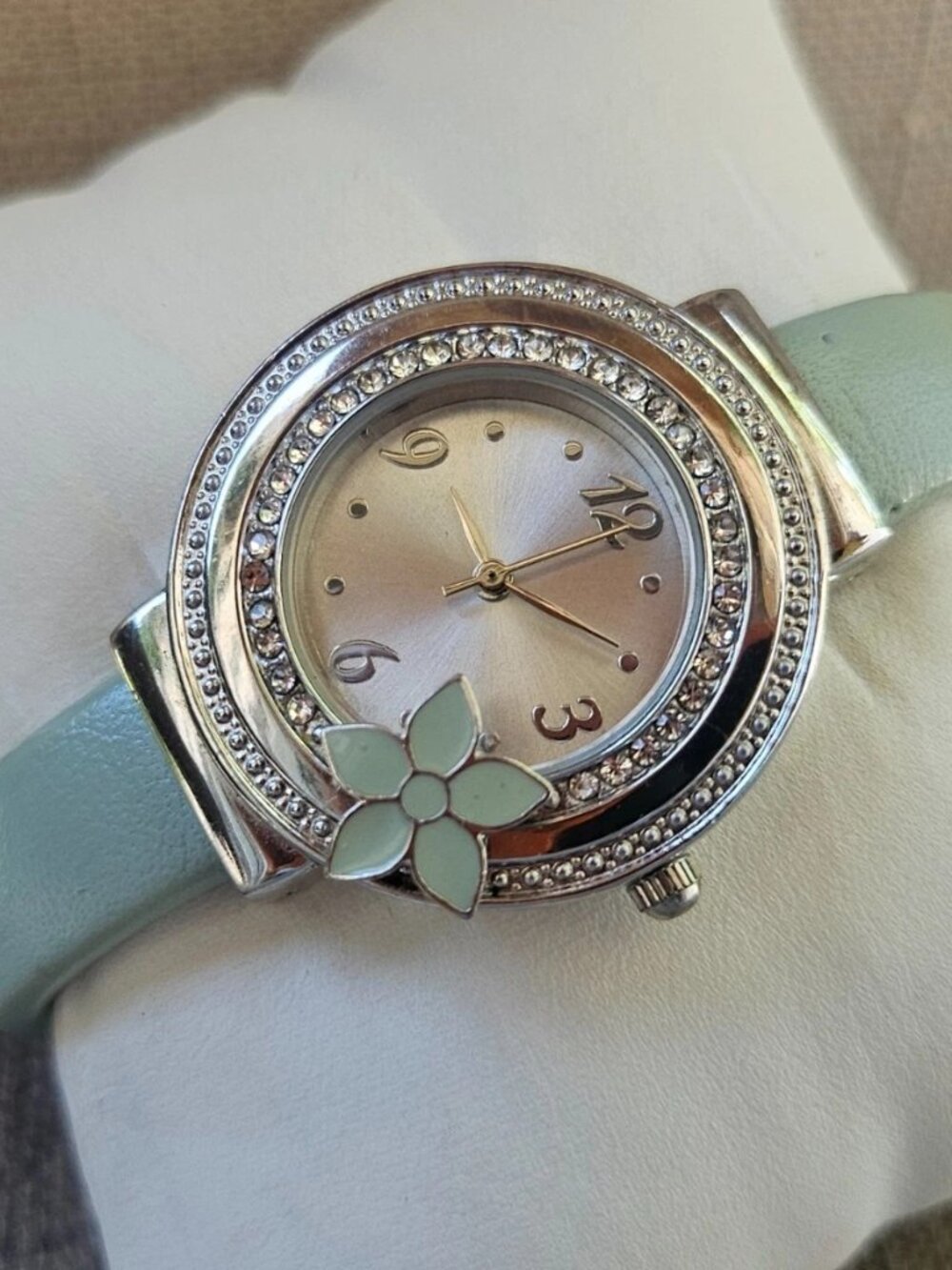 Accutime Ladies Wristwatch Cuff Band Bracelet Crystals Accent Bezel Analog Watch